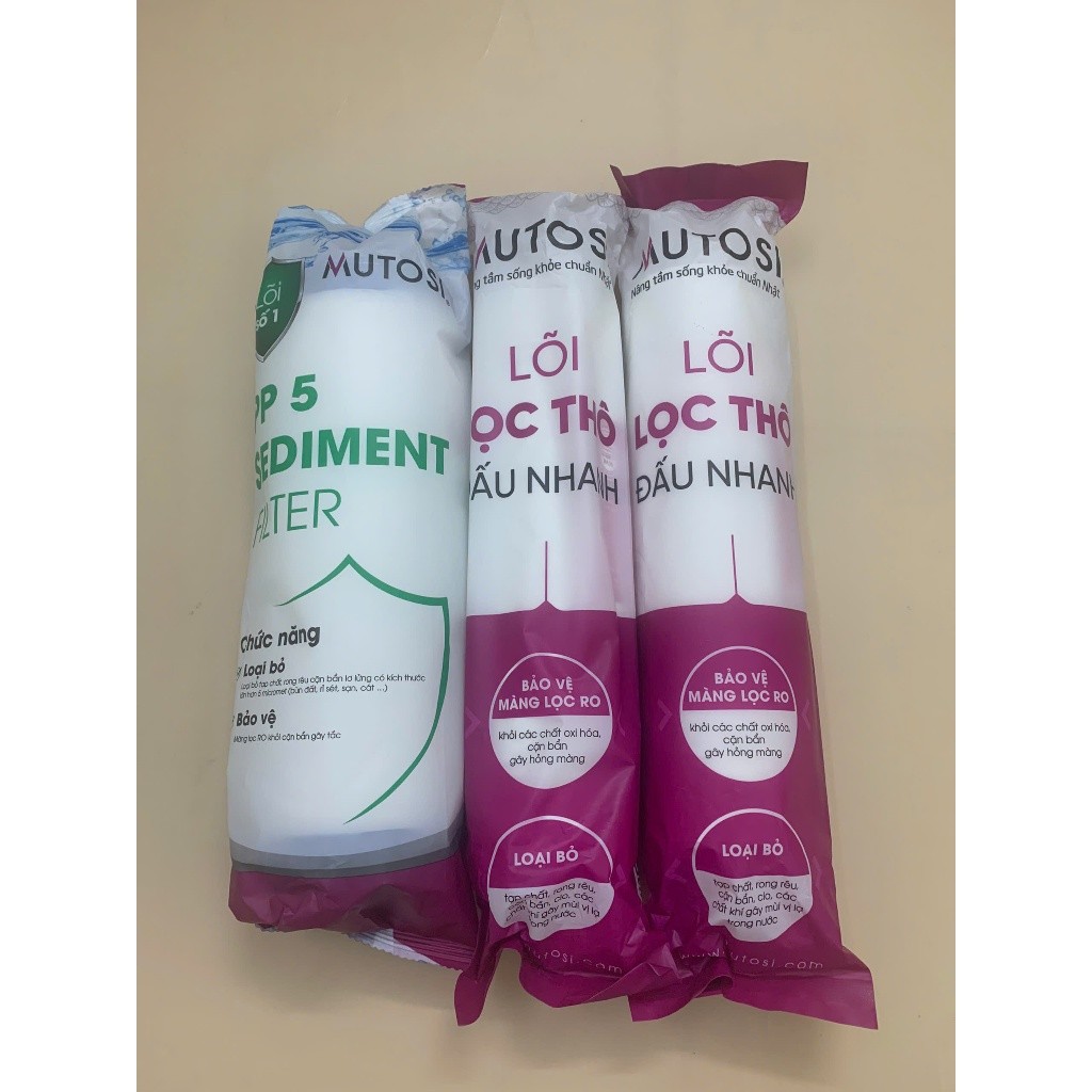 Combo Thô Mutosi Gồm Lõi 1 PP 5 Micron Loại Thường Và Lõi 2 OCB Lõi 3 PP1 Micron Dạng Đúc Dùng Cho Máy Lọc Nước RO