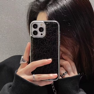 Mạ Điện Bạc Đen Kẻ Sọc Nứt Họa Tiết Da PU Ốp Lưng Điện Thoại iPhone 17Promax 17Air 16Promax 12 13 14 15 Pro Max Chống Sốc Nam Nữ Vỏ Di Động
