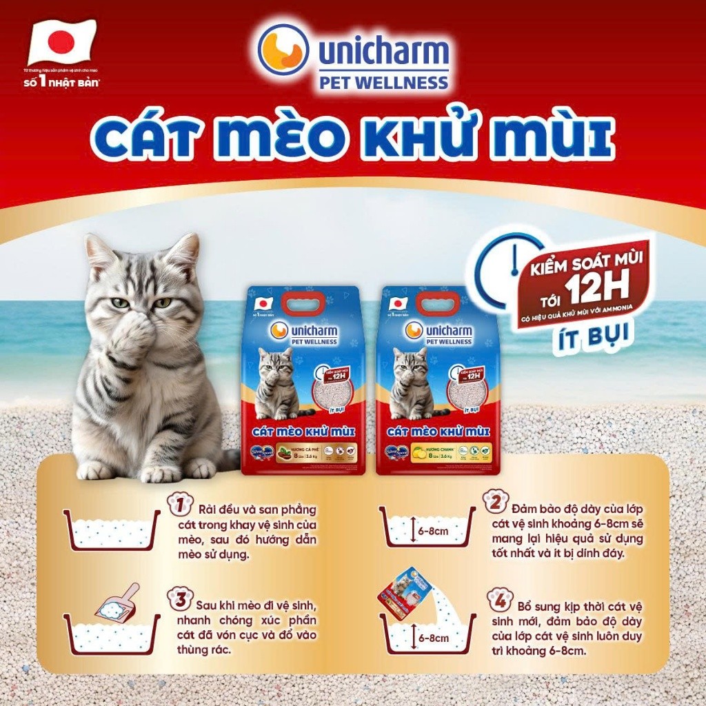 Cát vệ sinh mèo Silver Spoon Unicharm 8L chính hãng Nhật Bản | Kiểm soát mùi 12h | Ít bụi an toàn