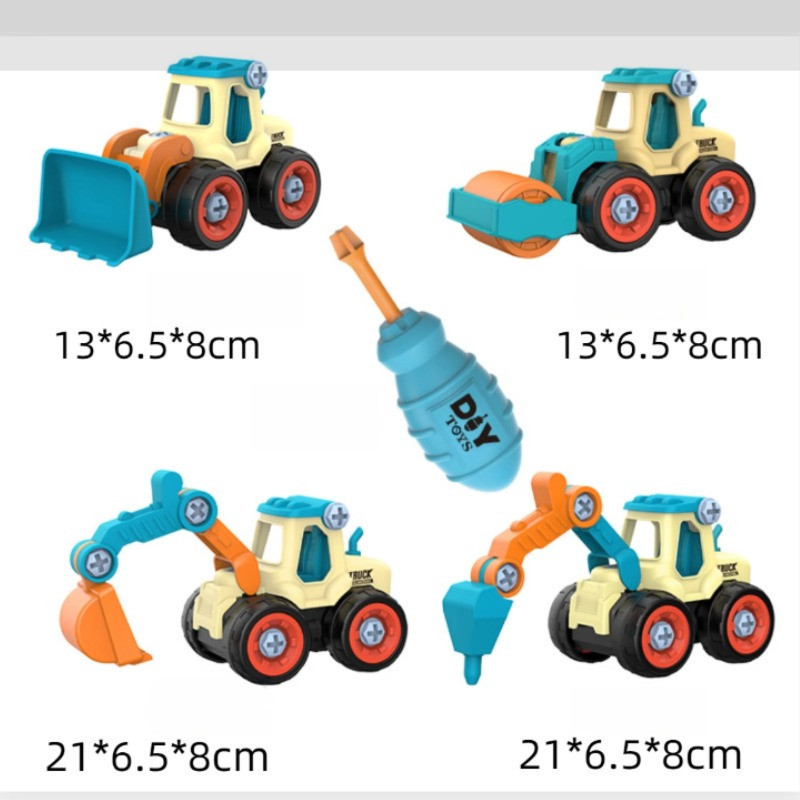 Đồ chơi xe công trình lắp gép, Bộ 4 xe nhiều màu kèm vít & tua vít, đã ghép sẵn kích thích thị giác