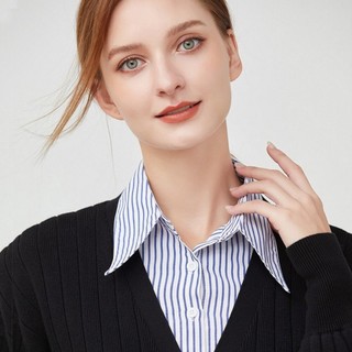 Áo sơ mi nữ cổ giả dây rút, họa tiết sọc xanh, cổ áo có thể tháo rời