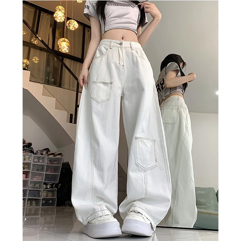American High Street Thiết Kế Trắng Sense Machete Jeans Nữ Thu Đông Phong Cách Mới Rời Ôm Hơn Nhìn Cao Cấp Ống Rộng Lau Quần
