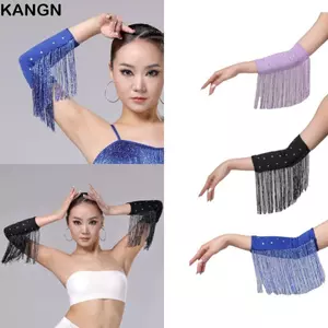 Tay áo nữ KANGN, Tay áo tua rua nhảy Latin đính kim cương giả, Di động màu trơn Sân khấu biểu diễn Trang phục khiêu vũ Latin Viền tua rua Găng tay nữ