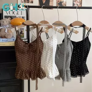GHX Quần Áo Nữ Thời Trang Mùa Hè Chấm Bi Màu Trơn Sling Nữ Thời Trang Xuất Hiện Mỏng Mỏng Mỏng Phong Cách Trẻ Trung Áo VN