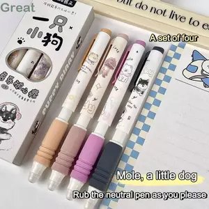 GREA 4 Bút Xóa Được, Bút Gel Đầu Chó / Mèo ST Hoạt Hình, Quà Tặng 0.5mm Tay Cầm Mềm Nhanh Khô Nâng Bút Sinh Viên