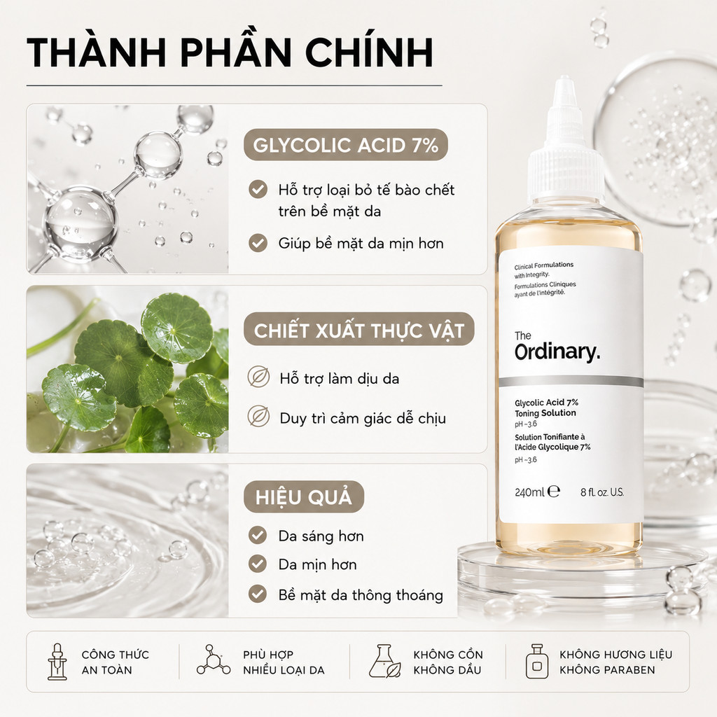 Toner 𝕋𝕙𝕖 𝕆𝕣𝕕𝕚𝕟𝕒𝕣𝕪 Glycolic Acid 7% 240ml | AHA Tẩy Da Chết, Sáng Da Chính Hãng
