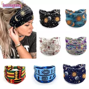 Băng đô rộng BORAGETE, Khăn xếp đàn hồi Boho, In hoa Ngôi sao in hình nút thắt cổ điển Khăn trùm đầu in hình bé gái