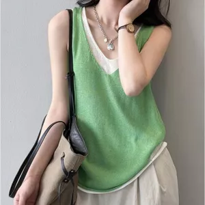 Màu tương phản Áo yếm hai mảnh giả dáng rộng dành cho nữ mùa hè Áo thời trang cổ chữ V phong cách mới