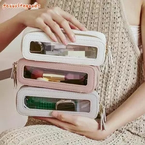 Hộp cọ trang điểm FAVORITEGOODS, Túi đựng mỹ phẩm dung tích lớn chống thấm nước, da PU trong suốt có dây kéo đóng bút chì Phụ kiện du lịch