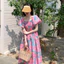 Váy hoa hồng cổ vuông cỡ lớn dành cho nữ có tay đèn lồng và váy dài in hoa