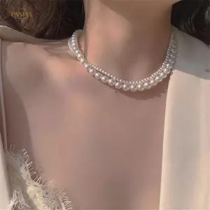 PNPIA- Mới Ngọc Trai Thanh Lịch Đính Hạt Choker Nelace Nữ Tinh Tế Hai Lớp Xương Đòn Dây Xích Nelace Trang Sức Cho Nữ Quà Tặng