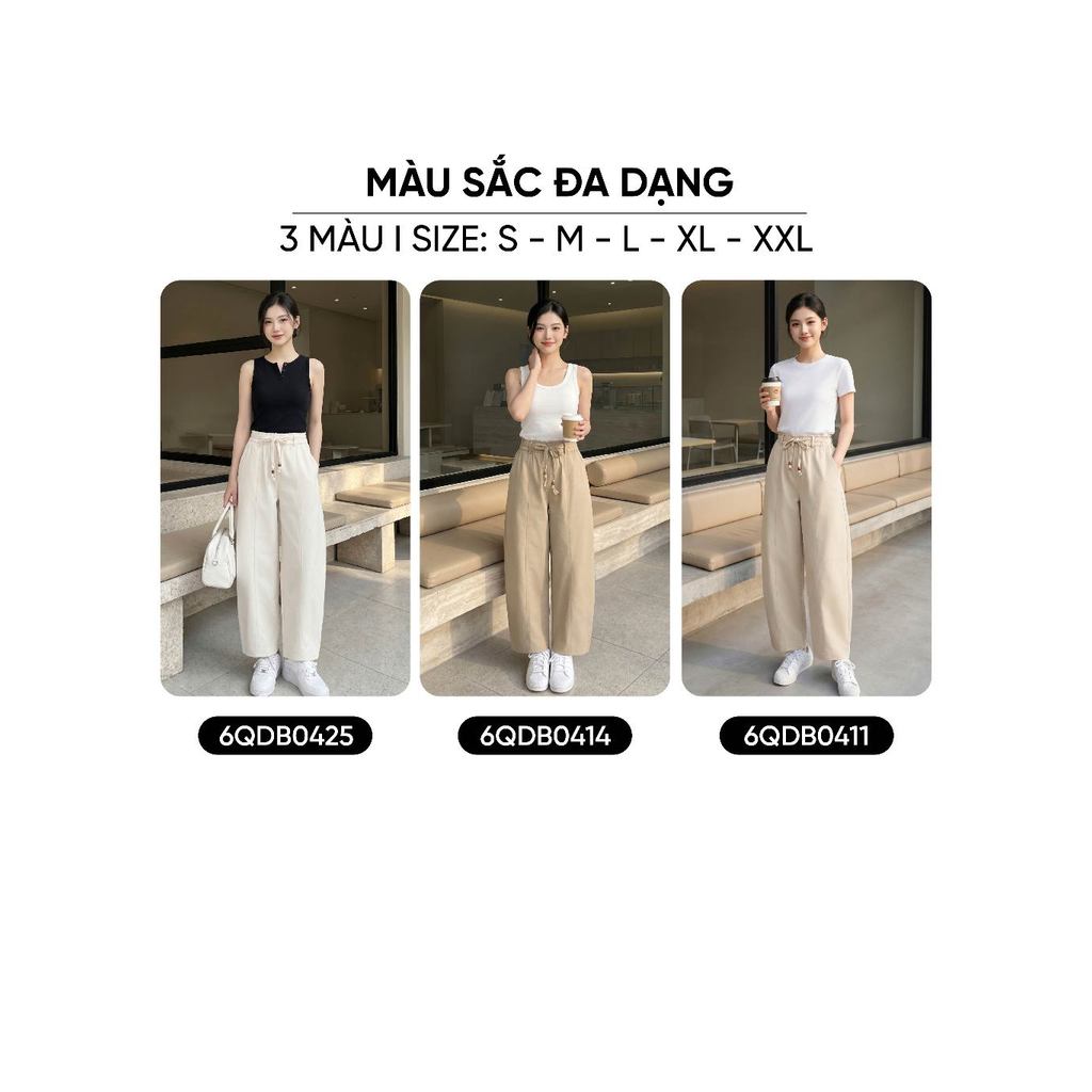 Quần dài nữ CARDINA dáng barrel kaki bổ mảnh mix đai 6QDB04