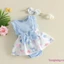Bộ áo liền quần cổ tròn không tay in nơ hoa cho bé gái có dây đeo đầu nơ