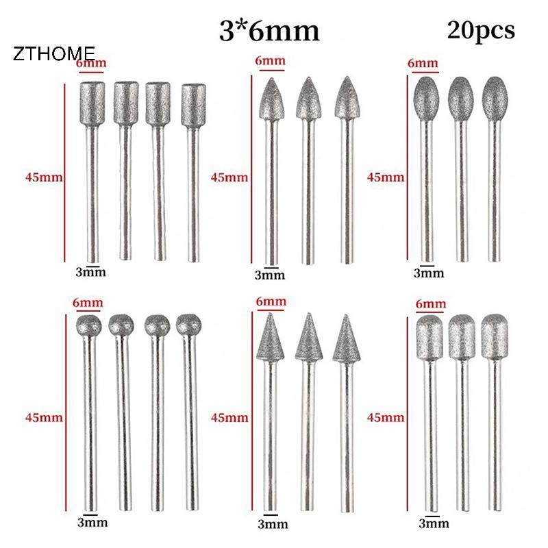 ZTHOME 20 Chiếc Đầu Mài Kim Cương Mini Bit Cho Dụng Cụ Khoan Quay Burrs Mài Phụ Kiện 3 Mm Shank Dụng Cụ Bộ Dụng Cụ Mài Mòn HOT