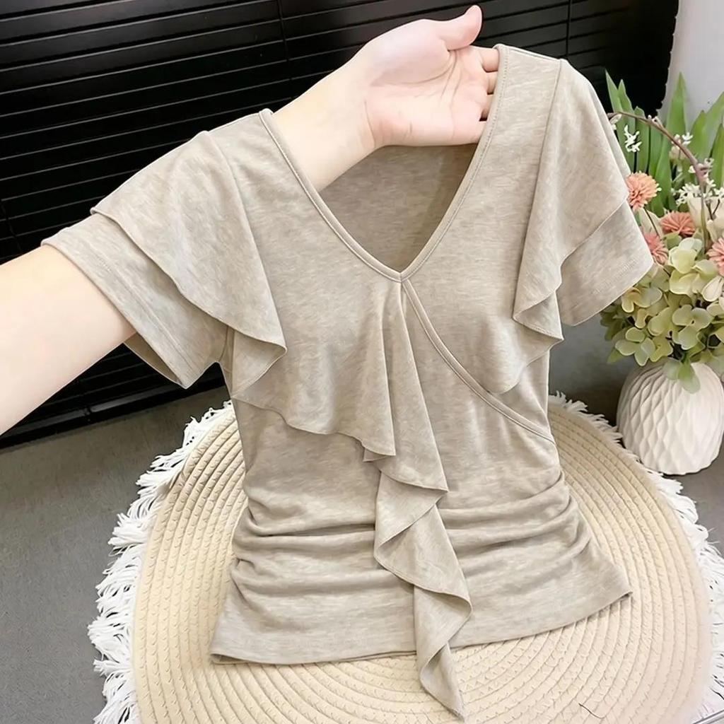 [Seckill trong thời gian có hạn] Phong cách mới Thiết kế bán chạy Áo thun ngắn tay cổ chữ V xù, Áo thun đẹp nhẹ nhàng mùa hè