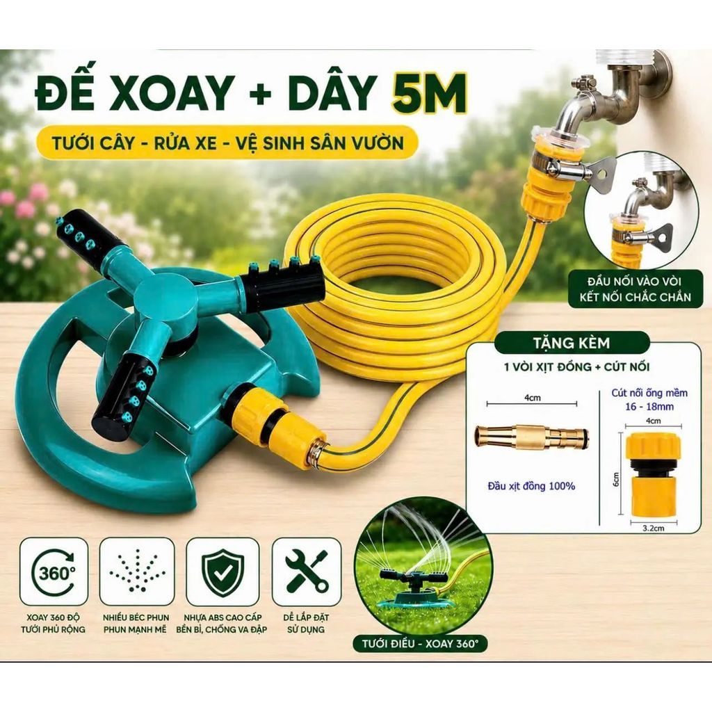 Đế phun nước tặng kèm Đầ nối tưới vườn tưới cây tự Động xoay 360 Độ tự Động,chất liệu nhựa ABS tiện ích