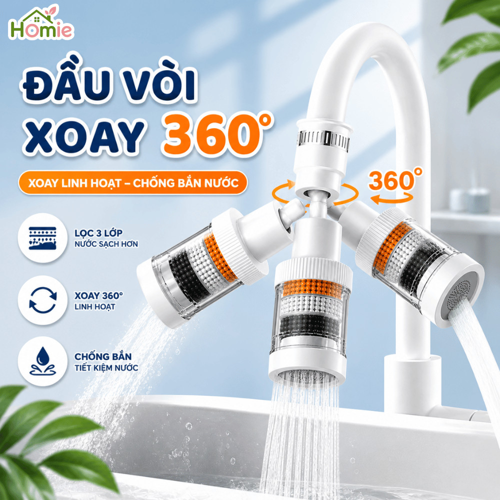 Đầu Vòi Lọc Nước 3 Lớp Xoay 360° HOMIE, Lọc Sạch Tạp Chất, Tiết Kiệm Nước, Chống Bắn, Dễ Lắp Đặt