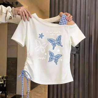 Áo thun bé gái cotton dễ thương - áo trễ vai họa tiết bướm thời trang mùa hè mỏng nhẹ