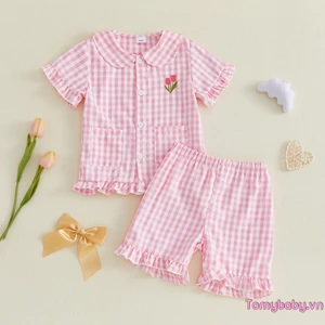 Trang phục kẻ sọc bé gái tập đi Áo ngắn tay thêu hoa Tulip + Bộ quần Short lưng co giãn xếp nếp