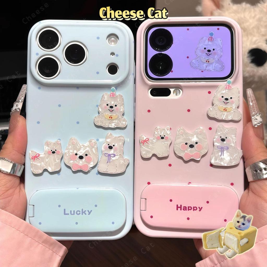 Ốp điện thoại có đế gương hình chó con chấm bi đơn giản cho iPhone 17 Pro Max 11 12 13 14 15 Plus