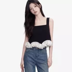 Áo thun ren viền màu tương phản thời trang mùa hè