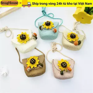 Túi cói nữ SNUGHOUSE, Ví đựng tiền xu Túi đeo vai ống hút hoa dễ thương, Túi xách đi biển Mini đáng yêu thủ công