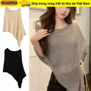 Khăn choàng mũi không đều WOODNEST, Quà tặng mỏng Khăn choàng chống nắng, Áo len dệt kim dáng rộng bằng lụa băng