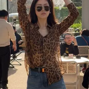 Áo sơ mi dài tay in họa tiết da báo sang trọng kiểu Mỹ Xuân hè voan mỏng hơn một chút trong suốt