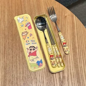 Crayon Shin-Chan Hoạt Hình Thép Không Gỉ Thìa Nĩa Đũa Dễ Thương Bộ Ký Túc Xá Sinh Viên Hộ Gia Đình Di Động Bộ Đồ Ăn Ba Miếng 6.2