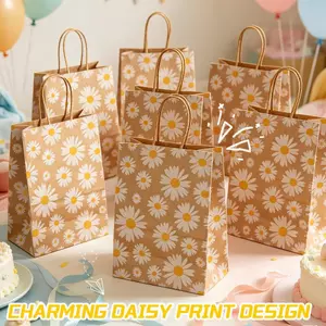 Túi quà Kraft tái chế chắc chắn 6 / 12 / 18 CÁI | Giấy dày in hoa cúc có tay cầm gia cố cho quà tặng nhỏ Đồ ăn nhẹ ủng hộ bữa tiệc bao bì