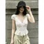 Phong cách mục vụ Pháp Cổ chữ V cổ chữ V cổ hẹp Xù ngắn tay dành cho nữ mùa hè Slim-Fit Áo Vest thiết kế ngọt ngào