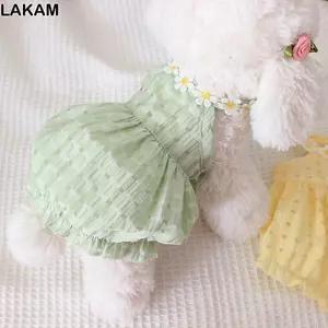 Đầm dự tiệc cho mèo LAKAM, Đầm mèo xanh mỏng màu vàng, Cổ áo phong cách hoa xinh xắn Quần áo thú cưng Mini Váy công chúa dễ thương cho mùa hè