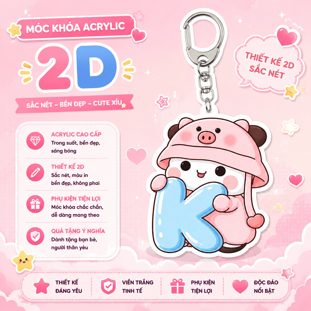 Móc Khoá Chữ Cái Bé Heo Hồng Đội Mũ Cute