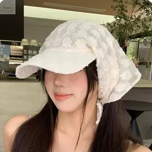 Tấm che nắng AWNGD, Mũ xô ren họa tiết hoa vành rộng, Thiết kế dây đeo ren voan ngọt ngào Phong cách đa năng Mũ chống nắng mùa xuân hè