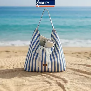 MAKY Sọc Lớn Vải Hobo Túi Nữ Có Thể Đảo Ngược Nơ Trang Trí Đeo Vai Túi Tote Cho Mua Sắm Du Lịch VN