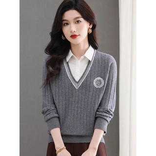 Áo sơ mi cổ dệt kim dài tay thiết kế hai mảnh như áo len nữ, phiên bản Hàn Quốc, phù hợp thu đông.