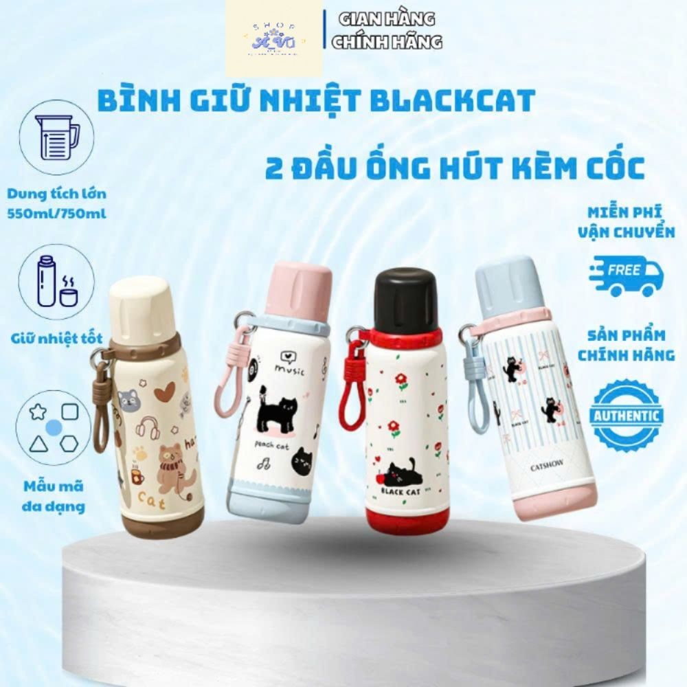 BÌNH GIỮ NHIỆT BLACK CAT INOX 316 CAO CẤP – 2 PHONG CÁCH UỐNG CÓ QUAI XÁCH TIỆN LỢI – DUNG TÍCH 550ML / 750ML