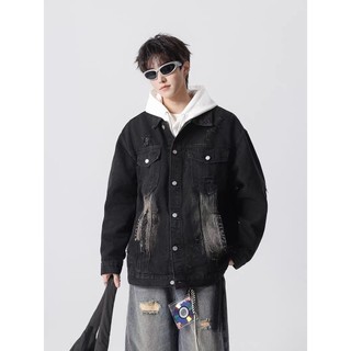 Áo khoác denim nam ESEA thiết kế rách hạng nặng, phong cách Mỹ, chất lượng cao.