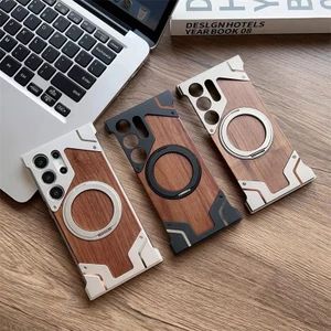 Dành Cho Samsung Galaxy S23 S22 S24 S25 S26 Ultra Walnut Gỗ Kim Loại Viền Giáp 360° Giá đỡ từ tính xoay Vỏ chống sốc