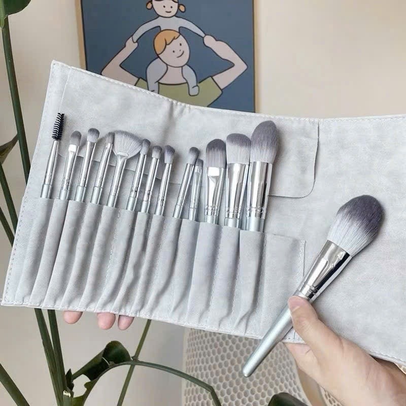 Bộ cọ trang điểm cá nhân set 14 cây màu xám bạc có bao da