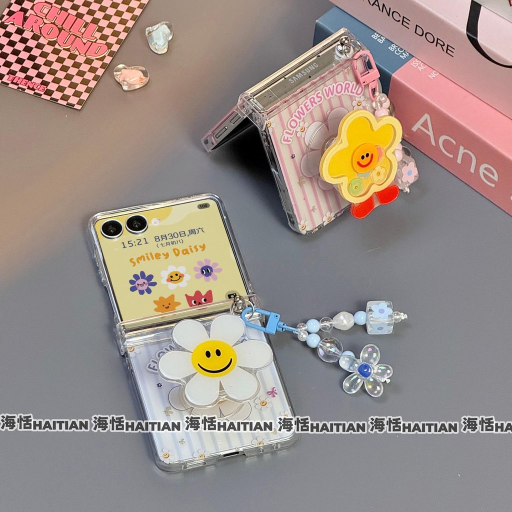 Ốp điện thoại Samsung Galaxy Z Flip 7/6/5/4 5G viền sọc trong suốt, có giá đỡ, họa tiết mặt cười & hoa, kèm dây đeo