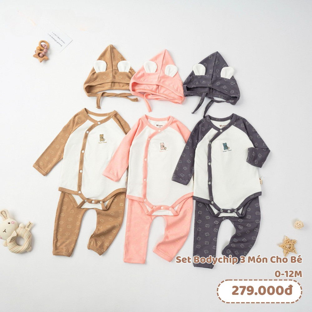 Set bodychip dài tay bé trai bé gái UNBEE 3 món chất Rayon - Bodysuit cho bé trai bé gái
