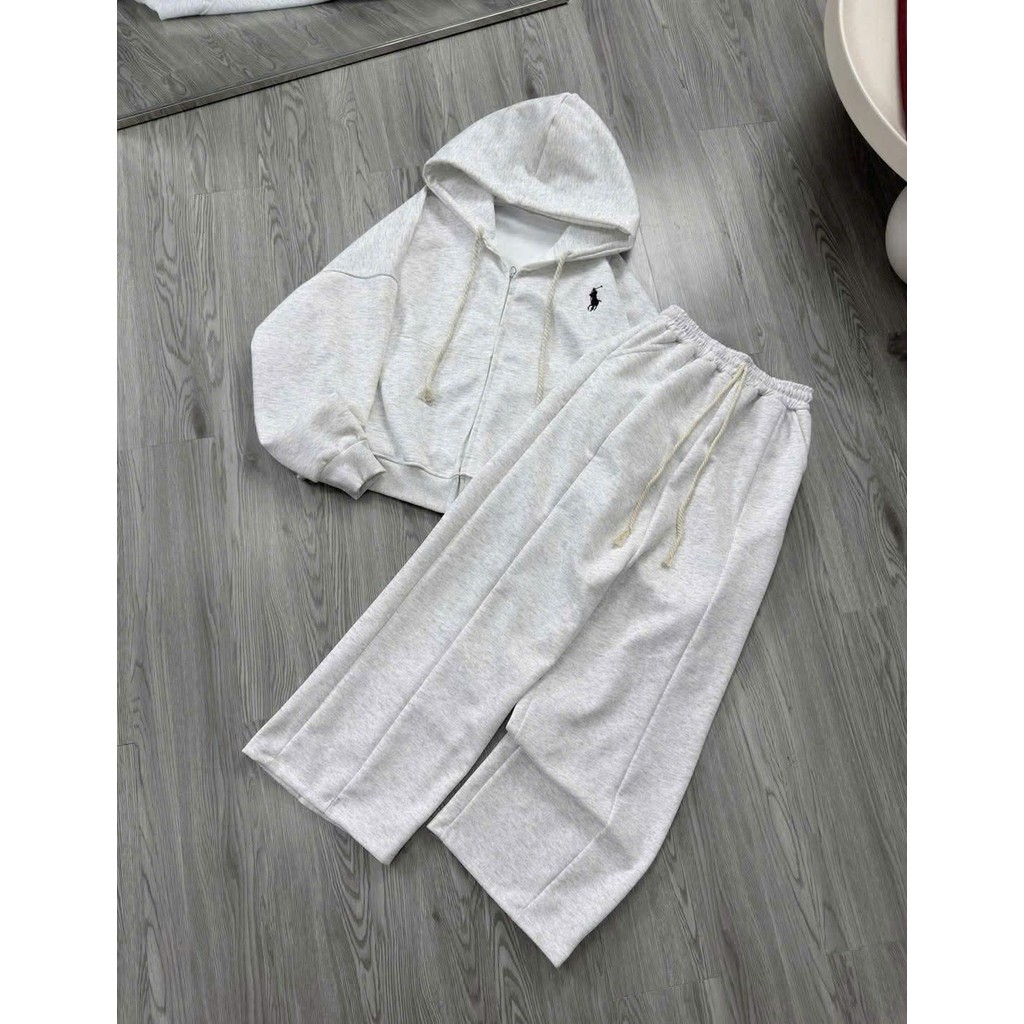 SÉT BỘ QUẦN ỐNG RỘNG Nỉ 2da xám tiêu + MIX ÁO khoác nỉ tầu có khoá in ngựa ngực-gonpho2k