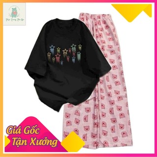 Sét Bộ Quần heo Hồng+ mix áo phông form rộng tay lỡ chất cotton su- hình ngôi sao-