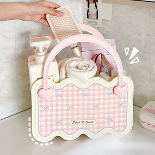 Combo Xô Tắm Chậu Rửa Mặt Kèm Giỏ Đựng Đồ Đa Năng Họa Tiết Caro Dễ Thương Chất Liệu Nhựa PP Cao Cấp