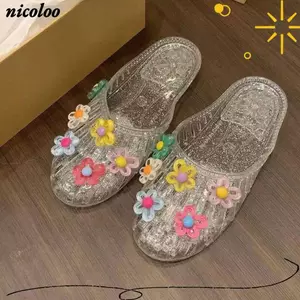 Dép thạch hoa NICOLOO, Dép hở mũi trong suốt chống trượt, Đế mềm thời trang trang trang trí hoa Dép trượt đi biển