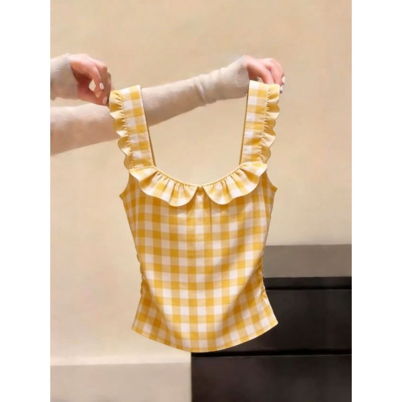 [Hàng mới về] Áo thun cổ vuông màu chấm bi phong cách cay ngọt ngào, mùa hè phong cách mới Siêu đẹp buộc dây Slim-Fit Slimm