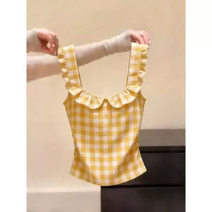 Áo thun cổ vuông màu chấm bi phong cách cay ngọt ngào, mùa hè phong cách mới Siêu đẹp buộc dây Slim-Fit Slimm