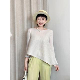 Miyake Chạy Bộ Phong Cách Xếp Ly Áo Thun 2025 Xuân Hè Mỏng Hơn Nhìn Sang Trọng Tất Cả Trận Đấu Đơn Giản Vát Bounce Ba Phần Tư Tay Nữ