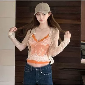 Girl Pure Desire Hot Girl Ren Màu tương phản Áo yếm nữ Mùa hè Phong cách mới Áo Cardigan ren dài tay Bộ hai mảnh